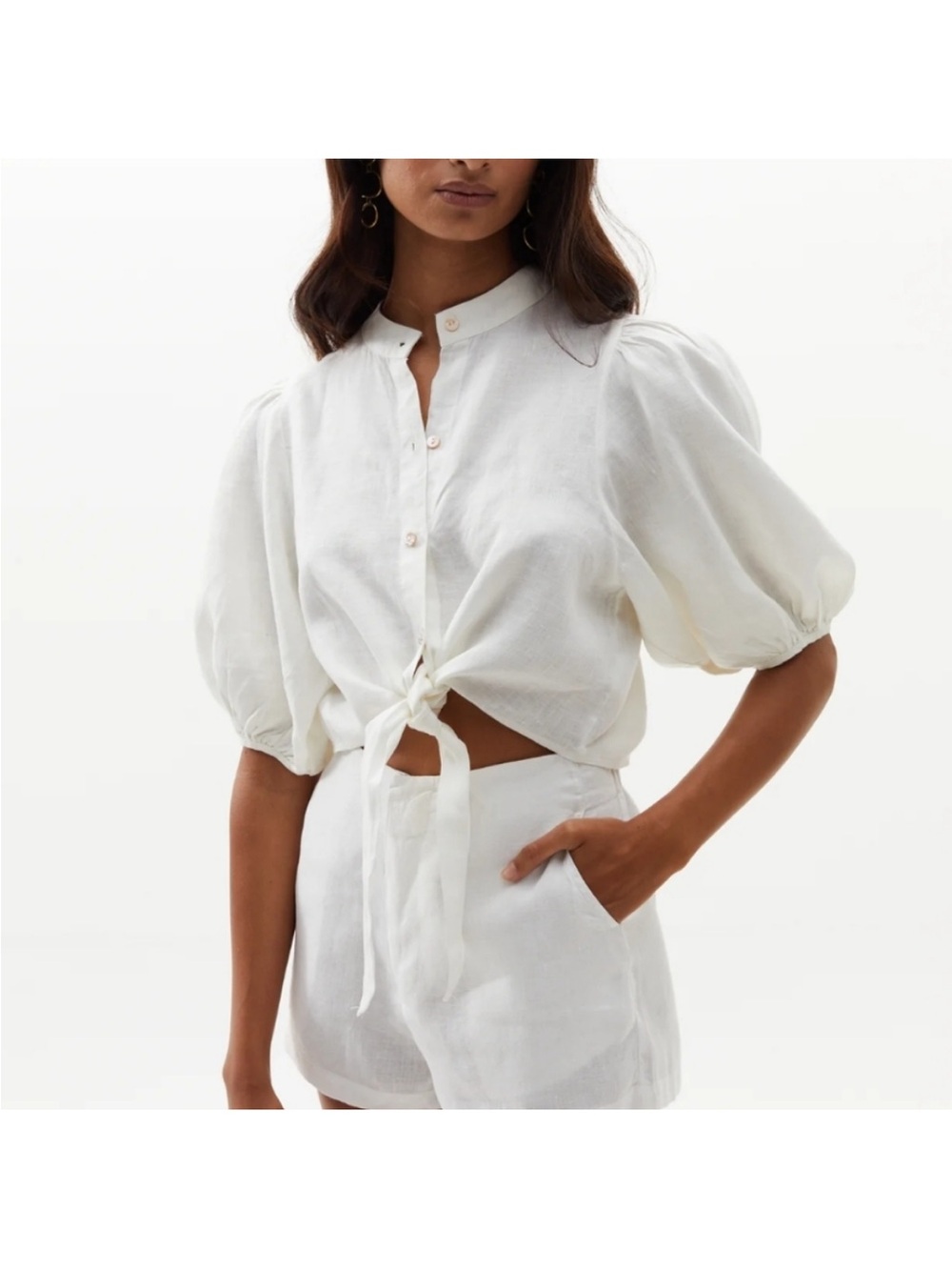 Lanhtropy Bubble Linen Tie Front Crop Top Blouse White XS